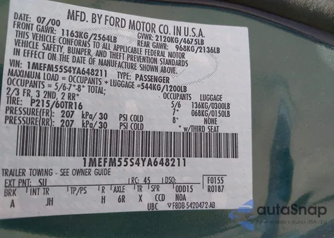 2000 Mercury Sable Ls Premium z USA, uszkodzony, nr VIN 1MEFM55S4YA648211